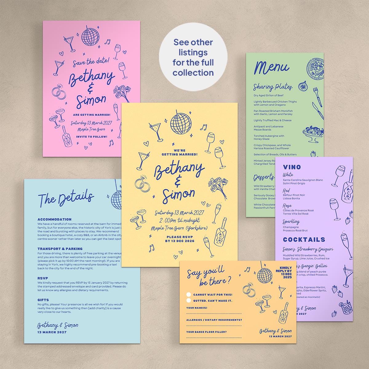 Illustrated Wedding Invitation & Details Card, Pastel Colour Block, Canva Template, Digital Download