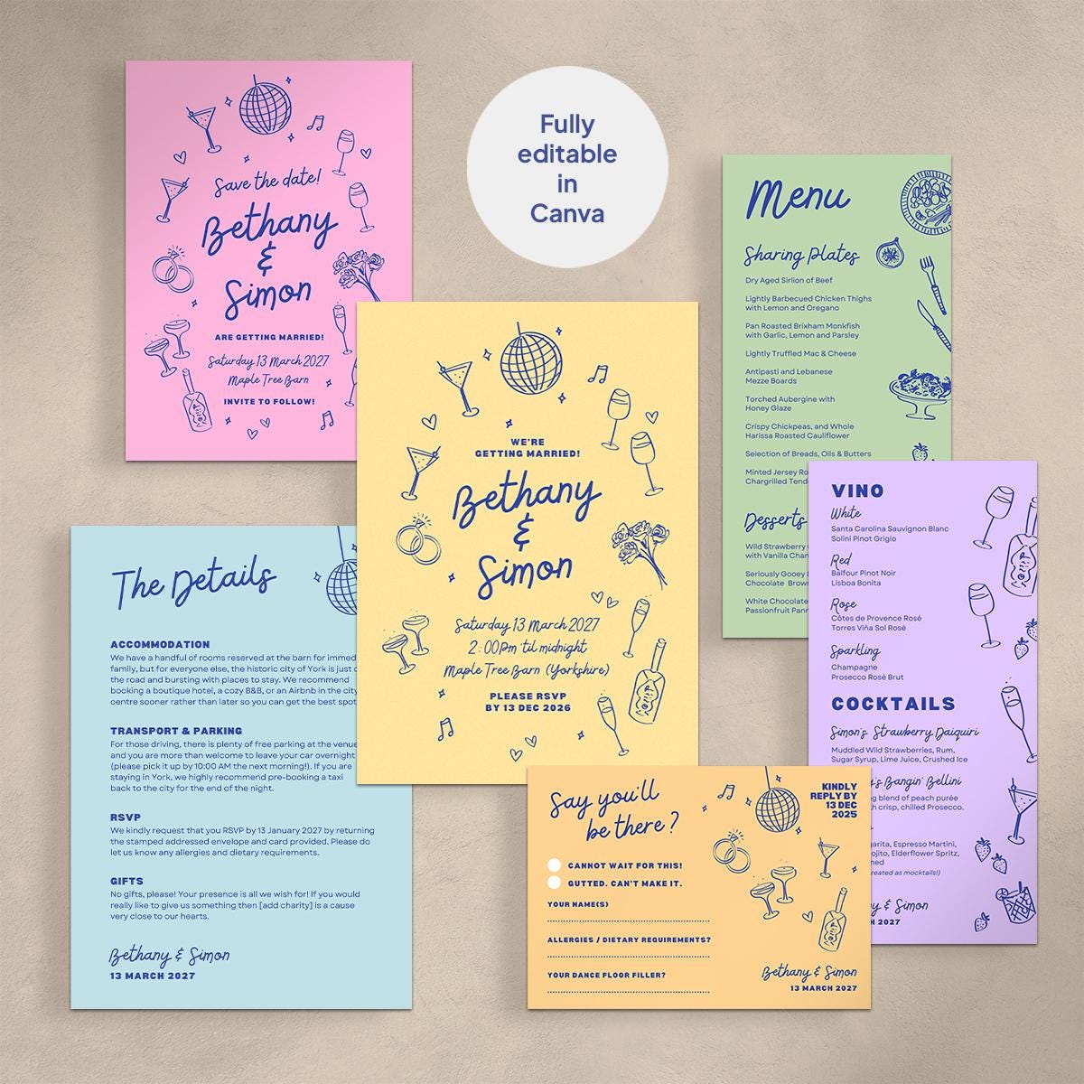 Wedding Save The Date, Digital Download, Hand drawn Illustrations, Disco Ball, Cocktails, Canva Template