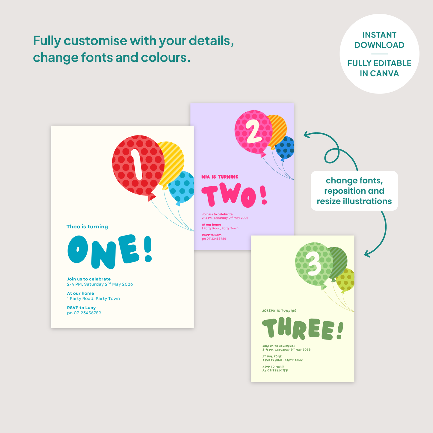 Balloon Trio Editable Birthday Invitation Template