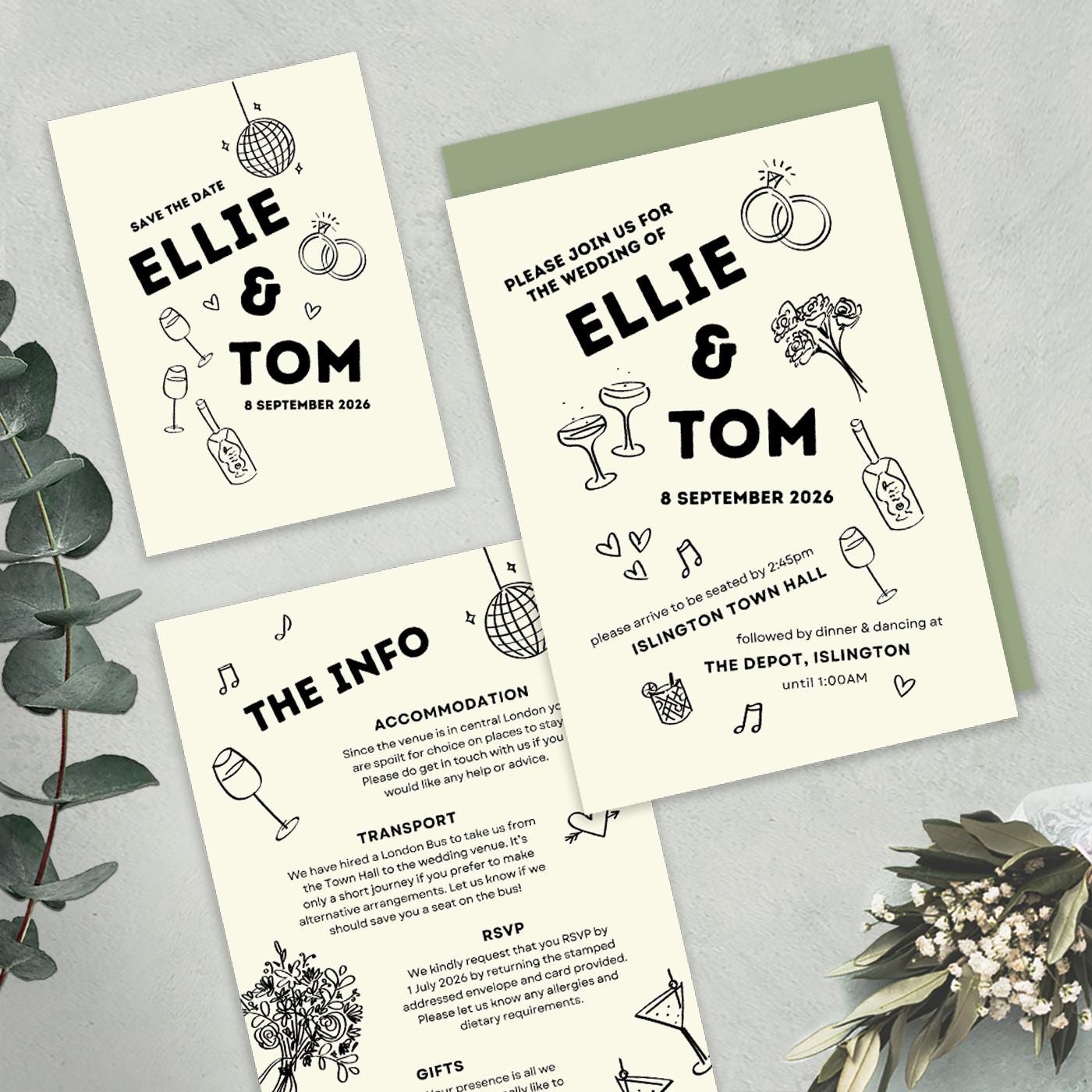 Monochrome Wedding Stationery Bundle, Digital Templates, Hand Drawn Illustrations, Canva Editable