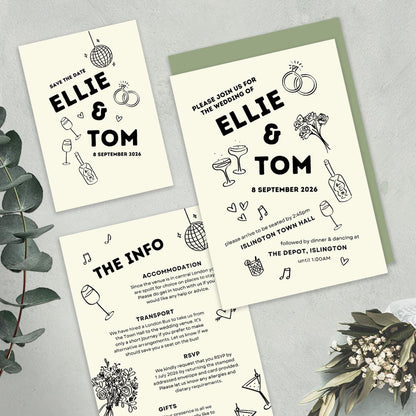 Monochrome Wedding Stationery Bundle, Digital Templates, Hand Drawn Illustrations, Canva Editable