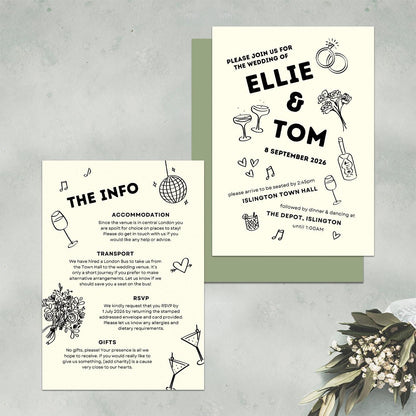Monochrome Wedding Stationery Bundle, Digital Templates, Hand Drawn Illustrations, Canva Editable