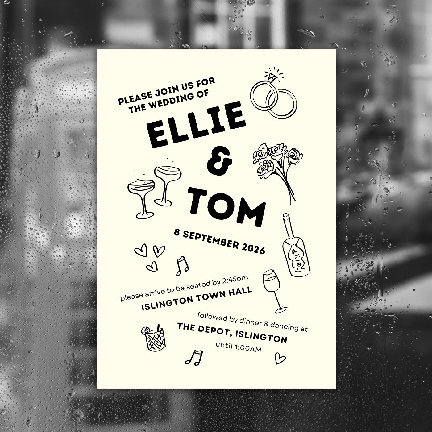 Illustrated Wedding Invitation Template, City Wedding, Industrial, Black Tie, Canva Editable