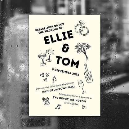 Illustrated Wedding Invitation Template, City Wedding, Industrial, Black Tie, Canva Editable