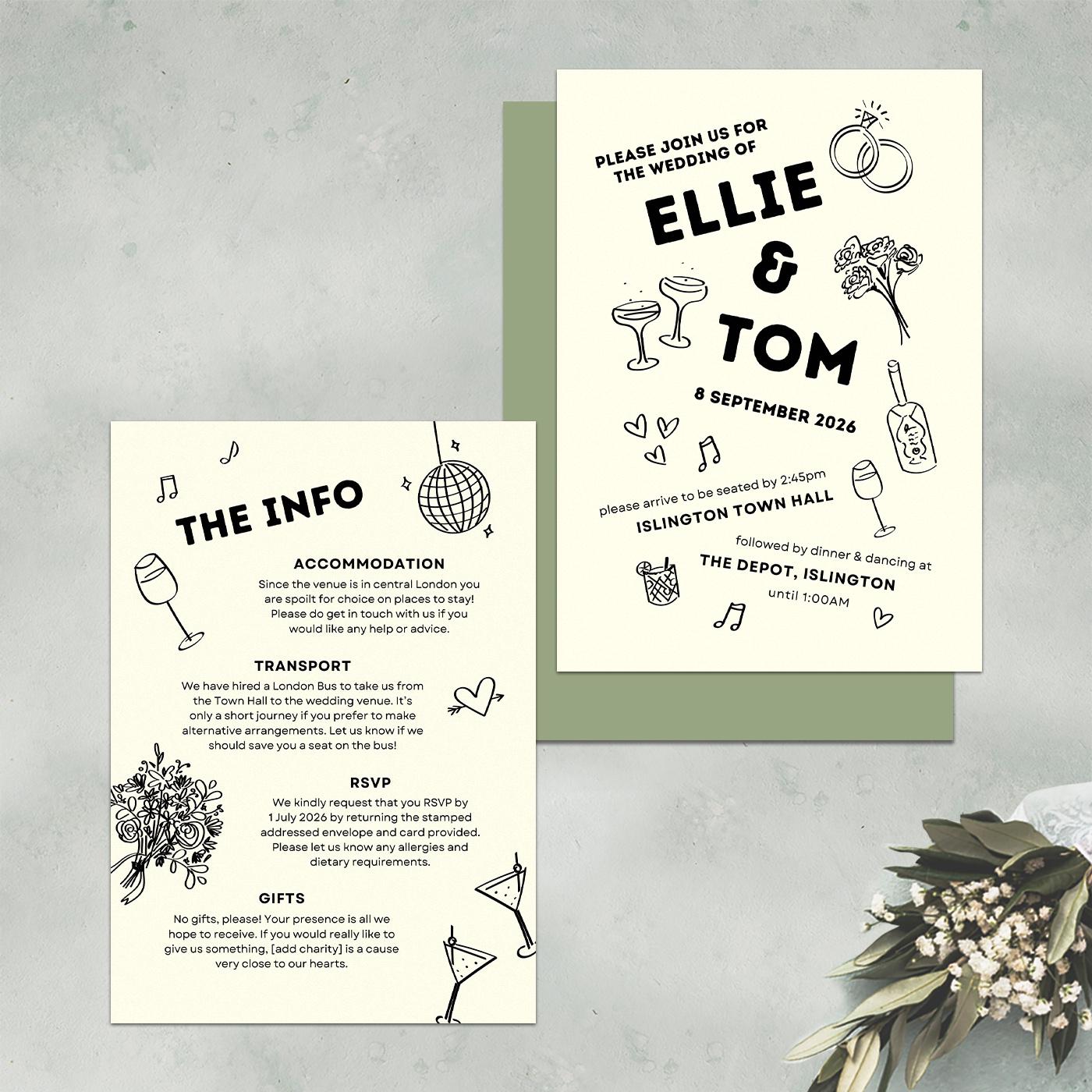Illustrated Wedding Invitation Template, City Wedding, Industrial, Black Tie, Canva Editable