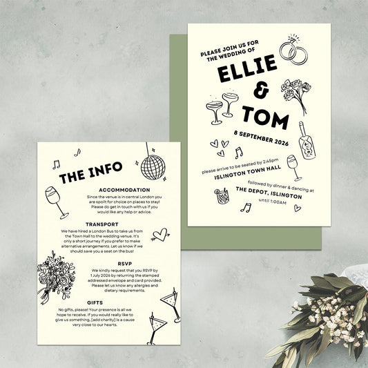 Illustrated Wedding Invitation Template, City Wedding, Industrial, Black Tie, Canva Editable