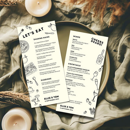 Monochrome Wedding Menu Template, Hand Drawn Illustrations, Canva Editable