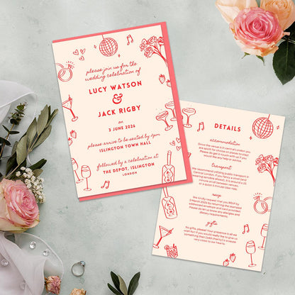 Illustrated Wedding Invites, Information Card, Hand Drawn, Canva Template, Digital Download
