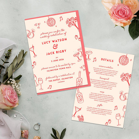 Illustrated Wedding Invites, Information Card, Hand Drawn, Canva Template, Digital Download