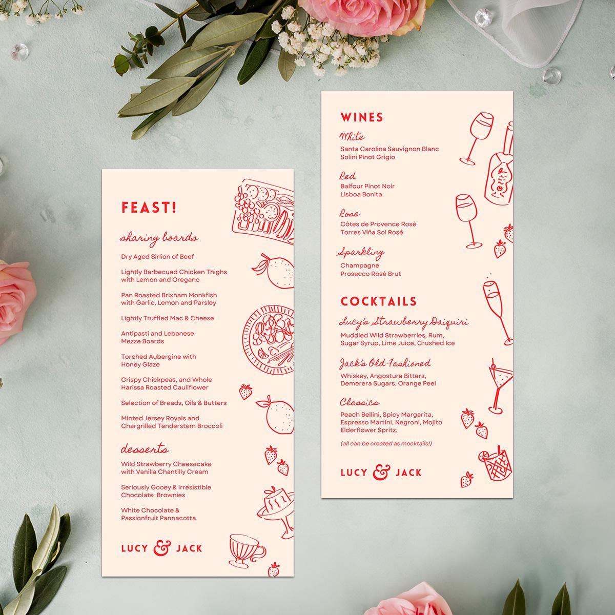 Editable Wedding Menus, Customisable Wine Cocktail List, Food Illustrations, Canva Template
