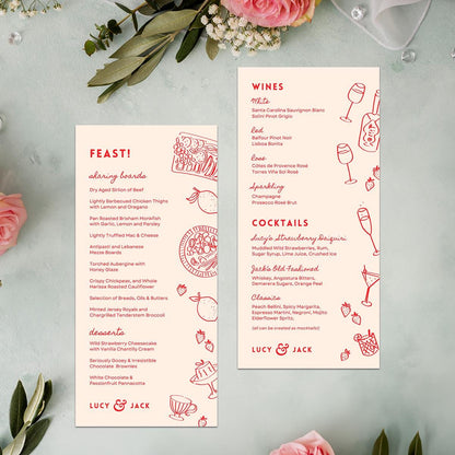 Editable Wedding Menus, Customisable Wine Cocktail List, Food Illustrations, Canva Template