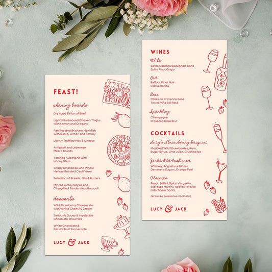 Editable Wedding Menus, Customisable Wine Cocktail List, Food Illustrations, Canva Template