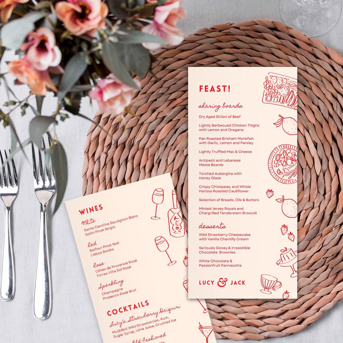 Editable Wedding Menus, Customisable Wine Cocktail List, Food Illustrations, Canva Template