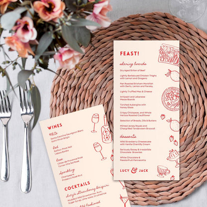 Editable Wedding Menus, Customisable Wine Cocktail List, Food Illustrations, Canva Template