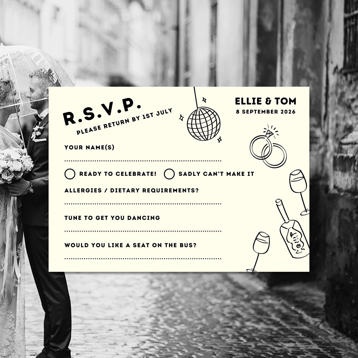 Monochrome Wedding Stationery Bundle, Digital Templates, Hand Drawn Illustrations, Canva Editable