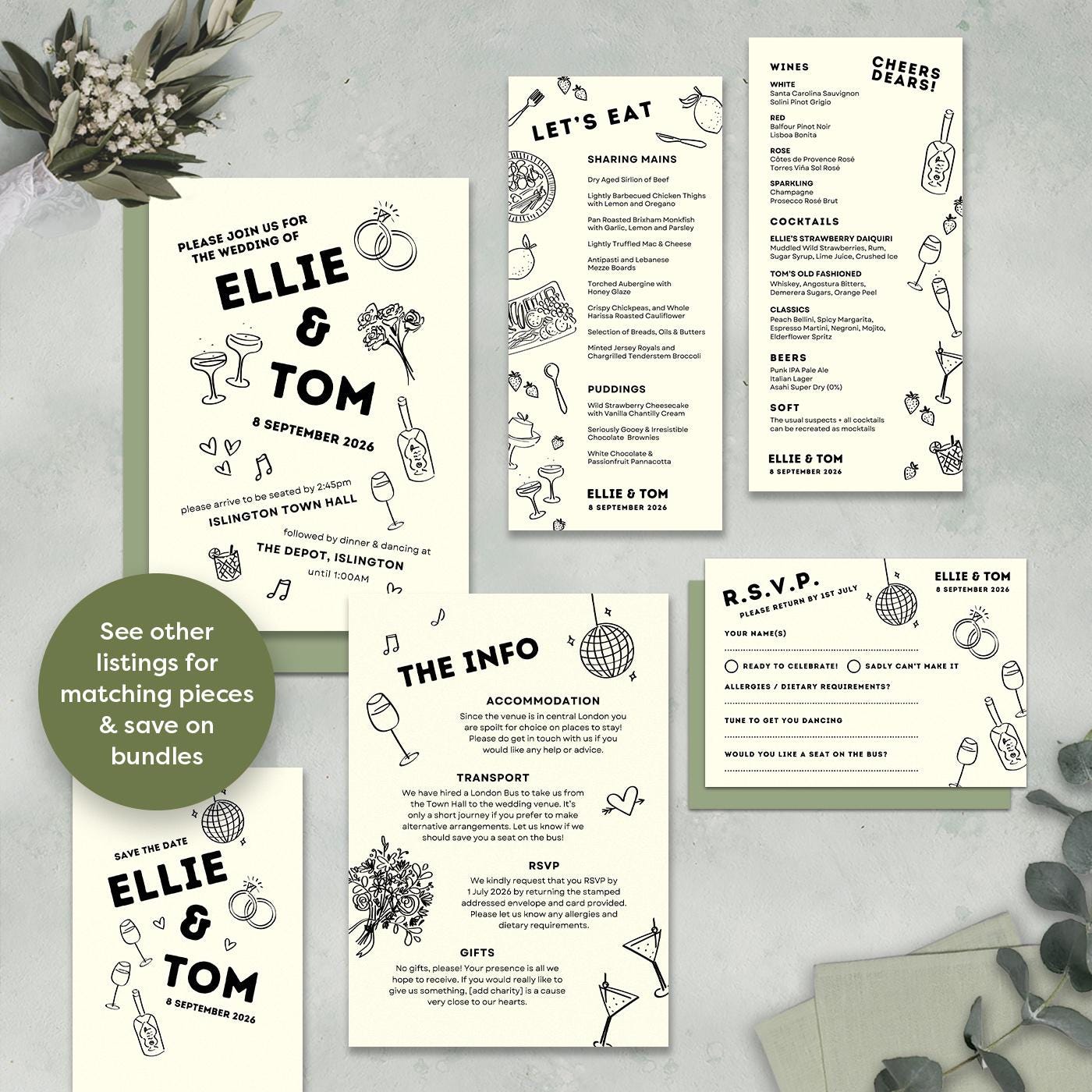 Illustrated Wedding Invitation Template, City Wedding, Industrial, Black Tie, Canva Editable