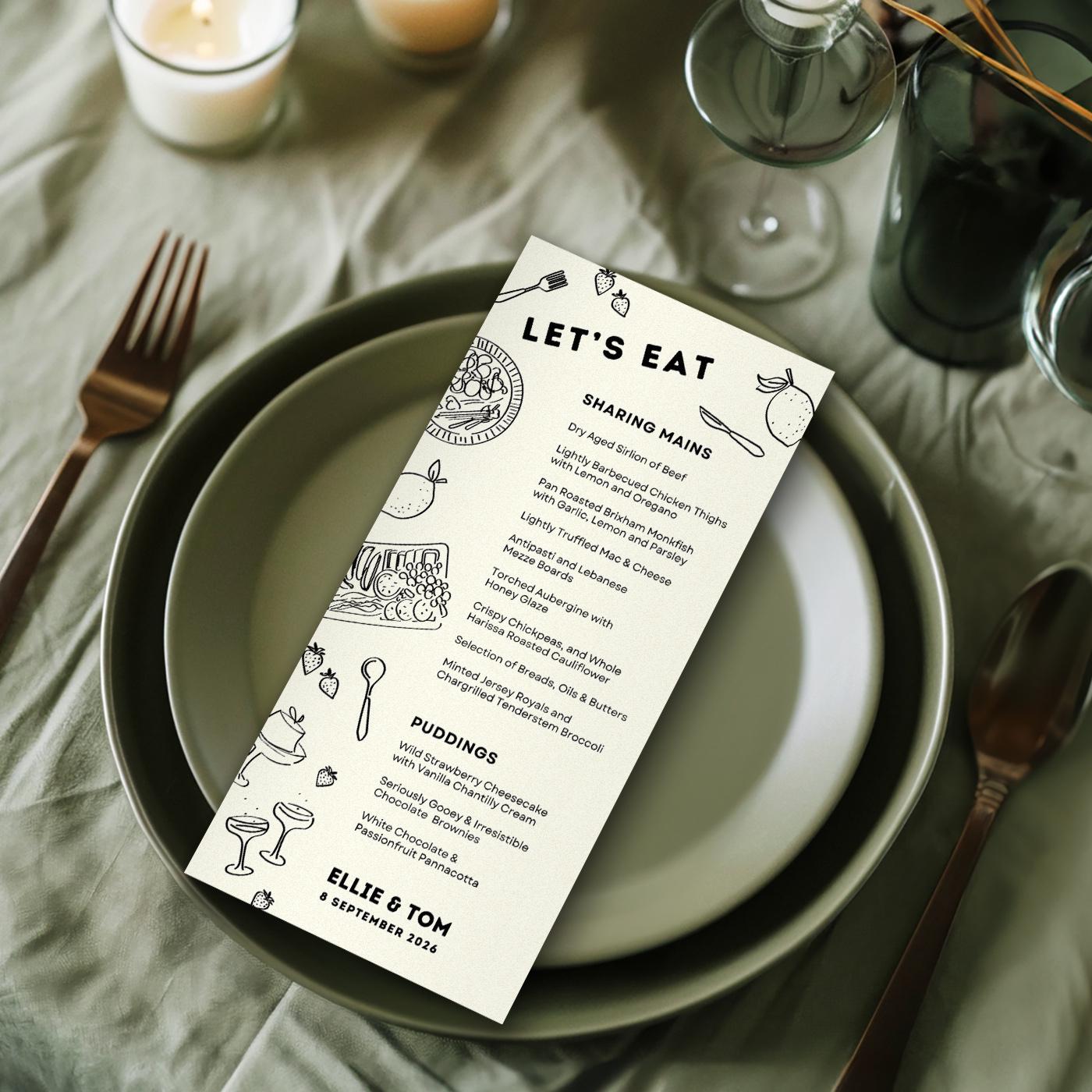 Monochrome Wedding Menu Template, Hand Drawn Illustrations, Canva Editable