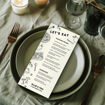 Monochrome Wedding Menu Template, Hand Drawn Illustrations, Canva Editable
