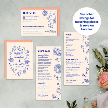 Editable Wedding Invitation & Details Card, Hand Drawn Illustrations, Disco Ball, Canva Template