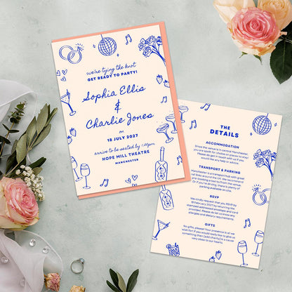 Editable Wedding Invitation & Details Card, Hand Drawn Illustrations, Disco Ball, Canva Template