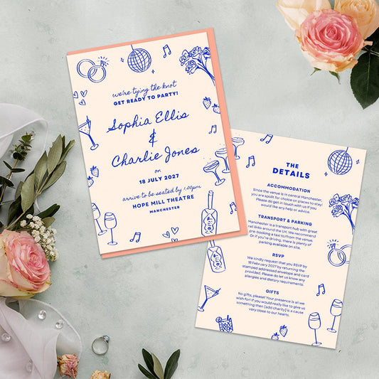 Editable Wedding Invitation & Details Card, Hand Drawn Illustrations, Disco Ball, Canva Template
