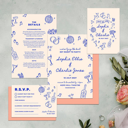 Editable Wedding Stationery Suite, Relaxed Vibe, Electric Blue, Canva Template