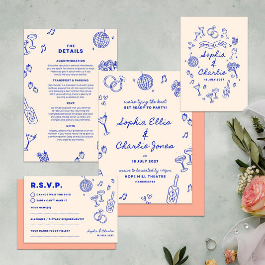 Editable Wedding Stationery Suite, Relaxed Vibe, Electric Blue, Canva Template