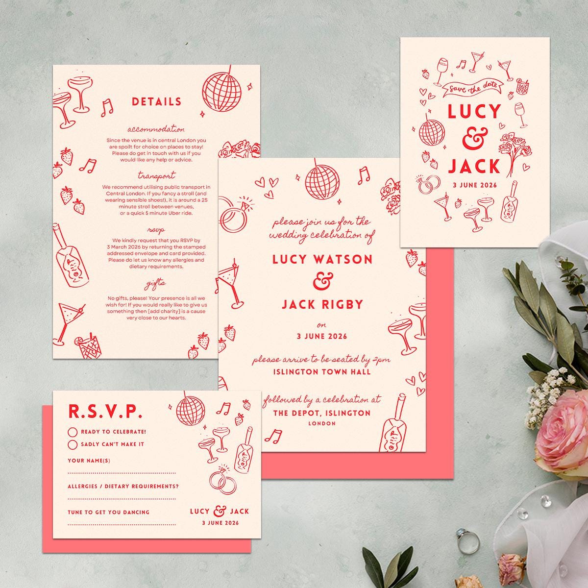 Editable Illustrated Wedding Suite, Invitations, Save the Date, Menus, Informal Vibe, Canva Template, Digital Download