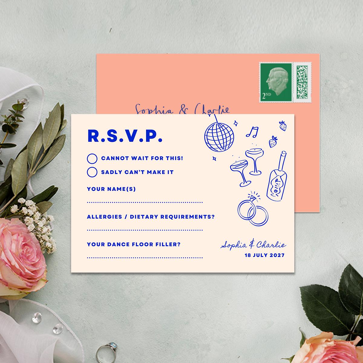 RSVP Card, Digital Download, Hand Drawn Illustration, Relaxed Vibe Wedding, Canva Template