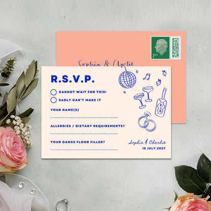 RSVP Card, Digital Download, Hand Drawn Illustration, Relaxed Vibe Wedding, Canva Template