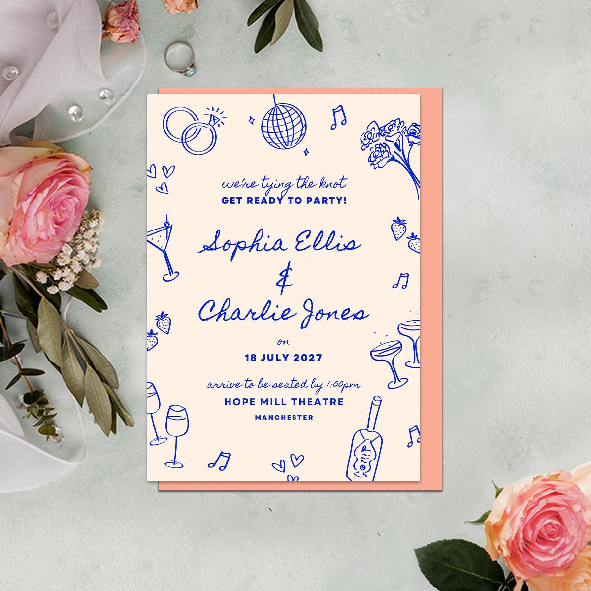 Editable Wedding Invitation & Details Card, Hand Drawn Illustrations, Disco Ball, Canva Template