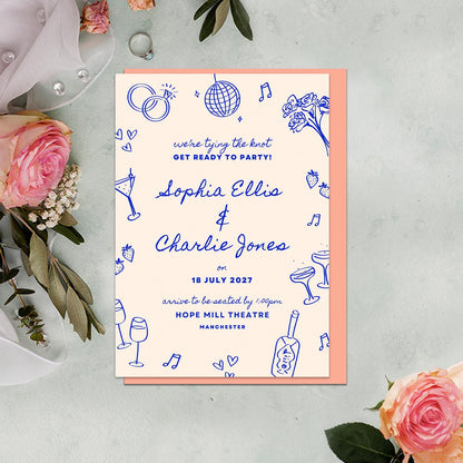 Editable Wedding Invitation & Details Card, Hand Drawn Illustrations, Disco Ball, Canva Template