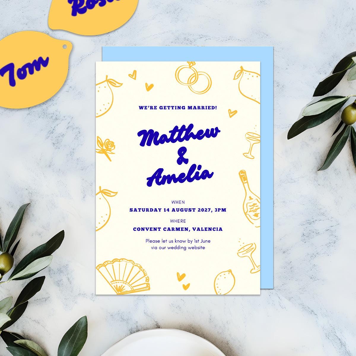 Editable Lemon Wedding Invitation Suite, Canva Template, Spanish Mediterranean Garden, Digital Download