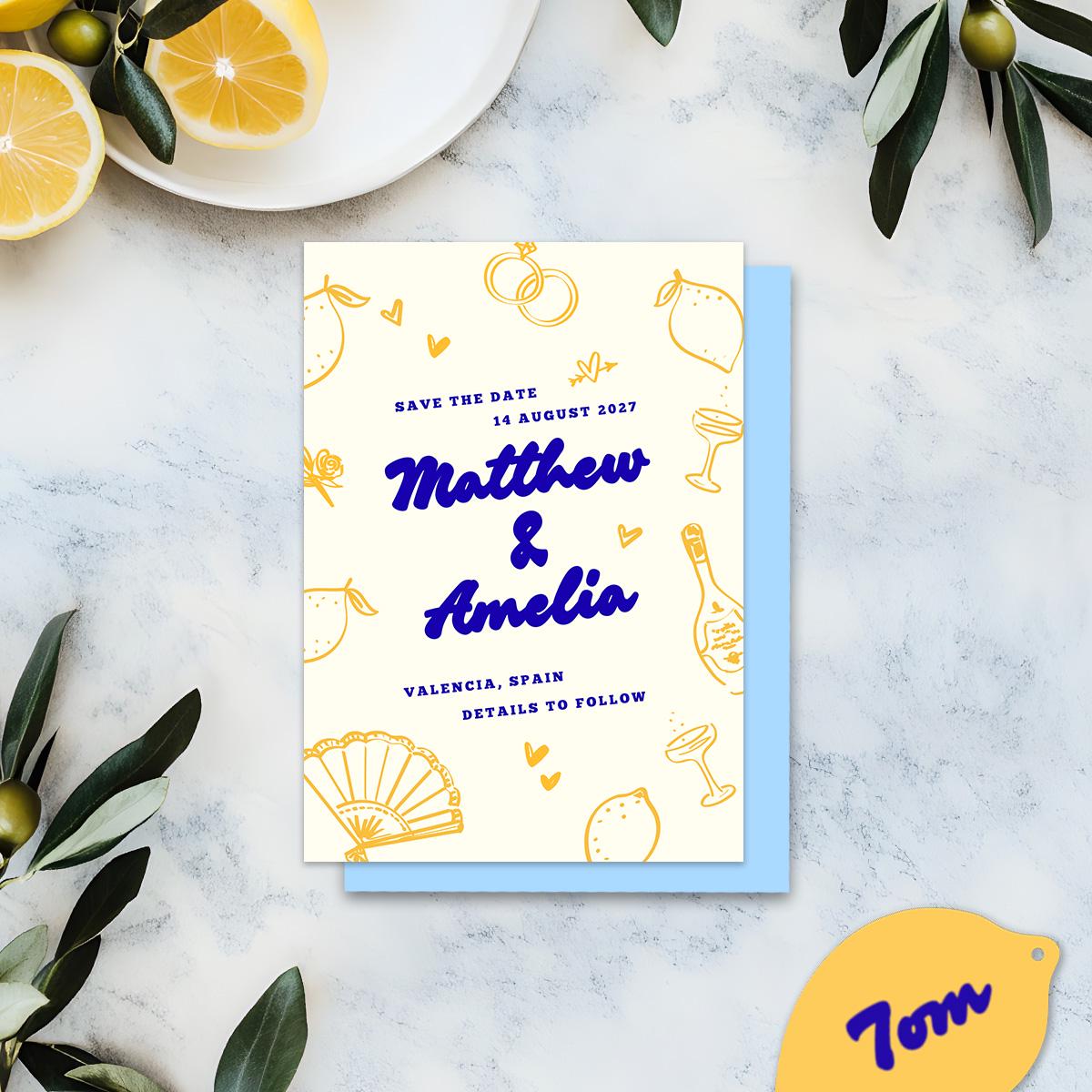 Editable Lemons Save The Date, Hand Drawn Illustrations, Canva Template, Digital Download
