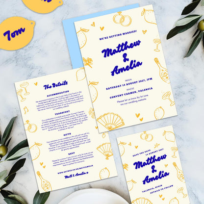 Editable Lemon Wedding Invitations, Mediterranean Spanish Garden, Canva Template, Digital Download