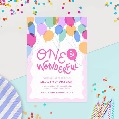 1st Birthday Invitation Template, Balloons Party Illustration, Personalised, Digital Canva Download