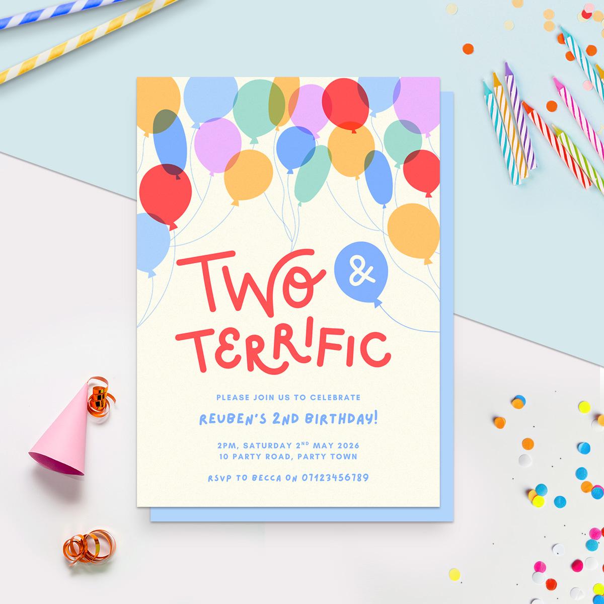 2nd Birthday Invitation Template, Colourful Balloon Illustrations, Digital Canva Download