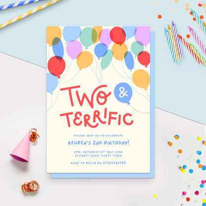 2nd Birthday Invitation Template, Colourful Balloon Illustrations, Digital Canva Download