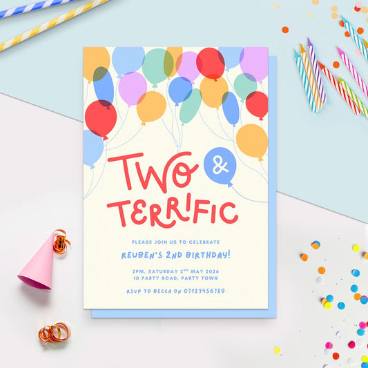2nd Birthday Invitation Template, Colourful Balloon Illustrations, Digital Canva Download