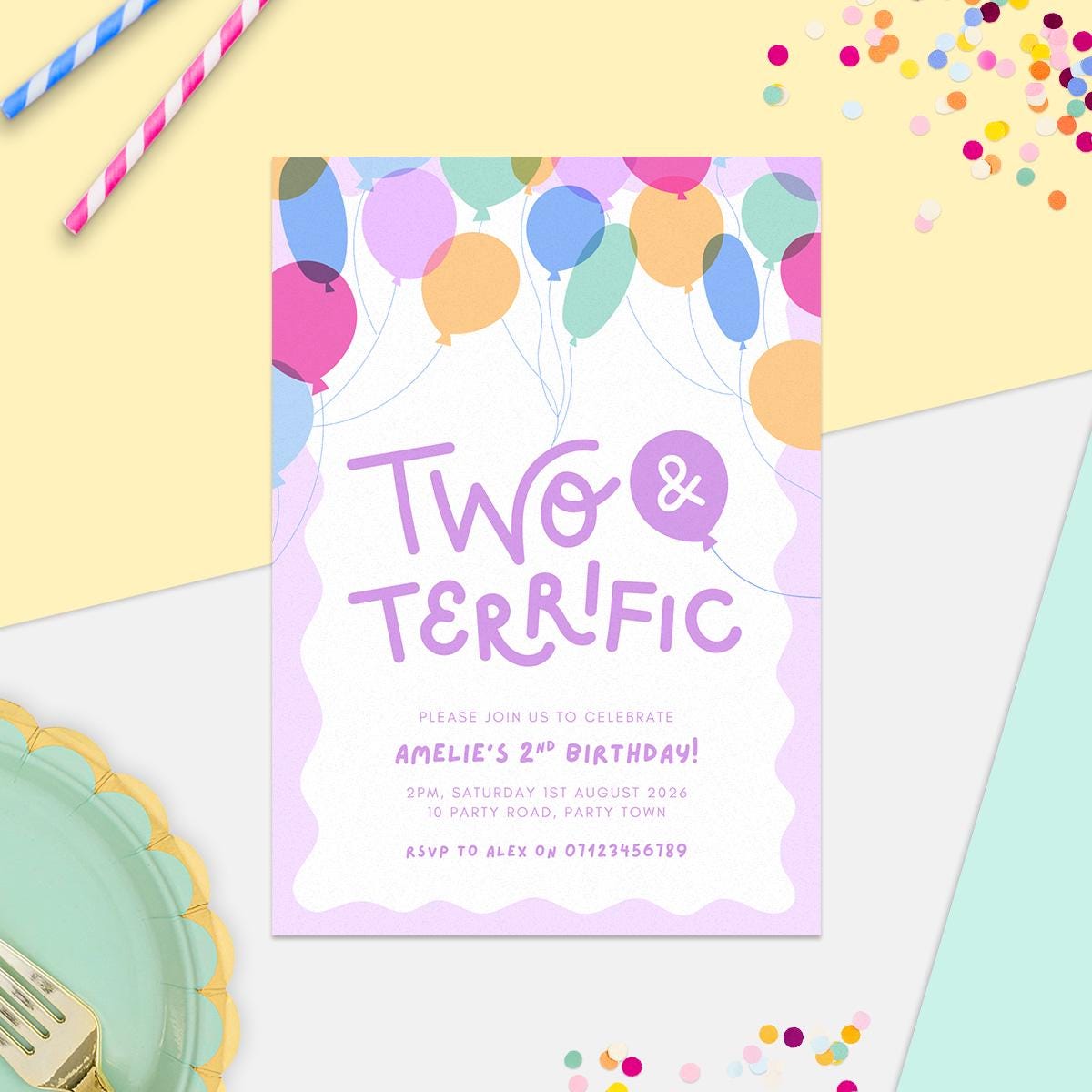2nd Birthday Invitation Template, Colourful Balloon Illustrations, Digital Canva Download