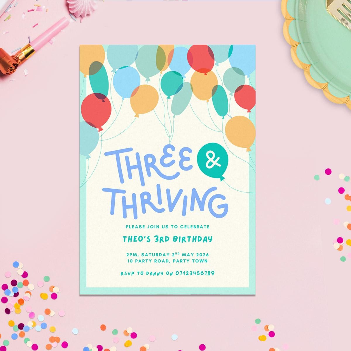 3rd Birthday Invitation Editable Canva Template, Colourful Balloons, Digital Download