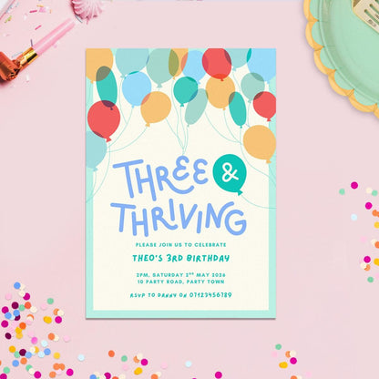3rd Birthday Invitation Editable Canva Template, Colourful Balloons, Digital Download