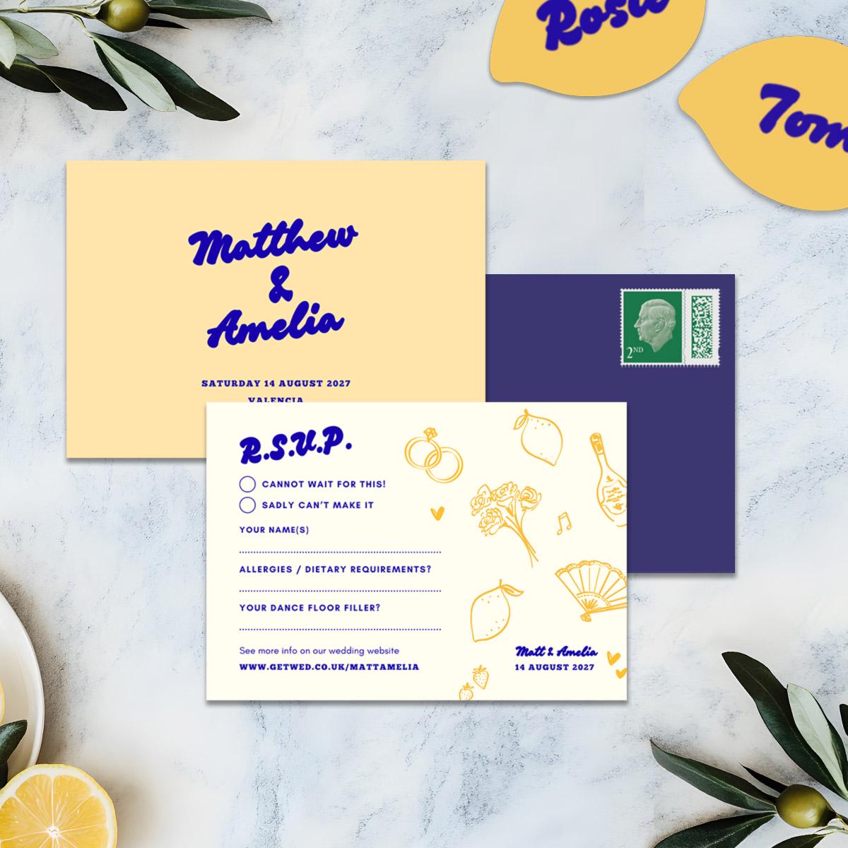 Spanish Lemons RSVP Card, Digital Download, Doodle Illustration, Relaxed Garden Wedding, Canva Template