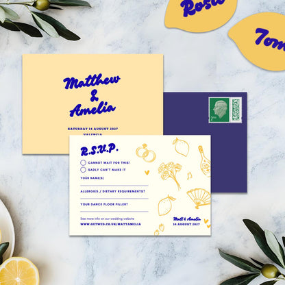 Spanish Lemons RSVP Card, Digital Download, Doodle Illustration, Relaxed Garden Wedding, Canva Template