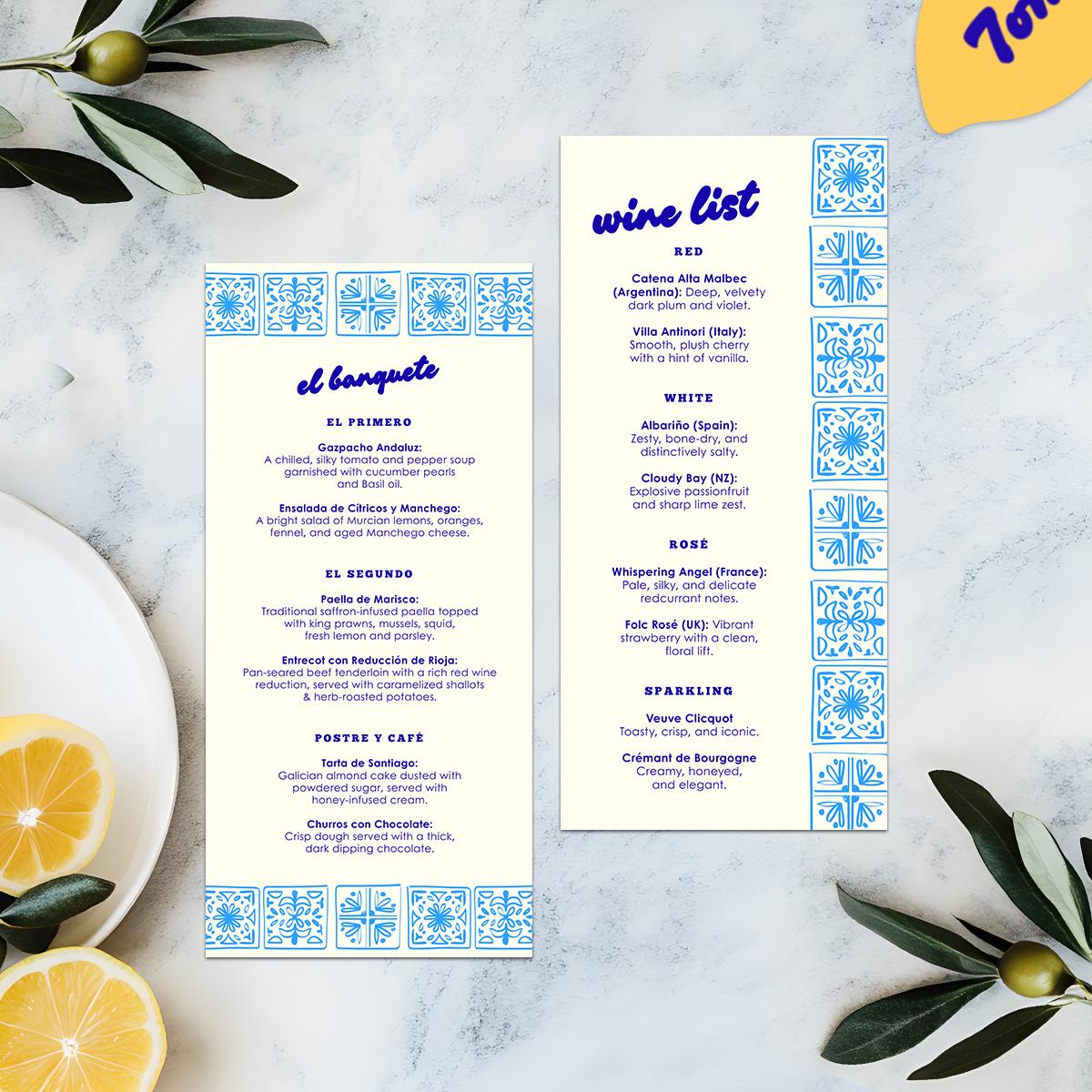 Editable Food and Drink Menus, Hand Drawn Lemons, Spanish Wedding, Canva Template