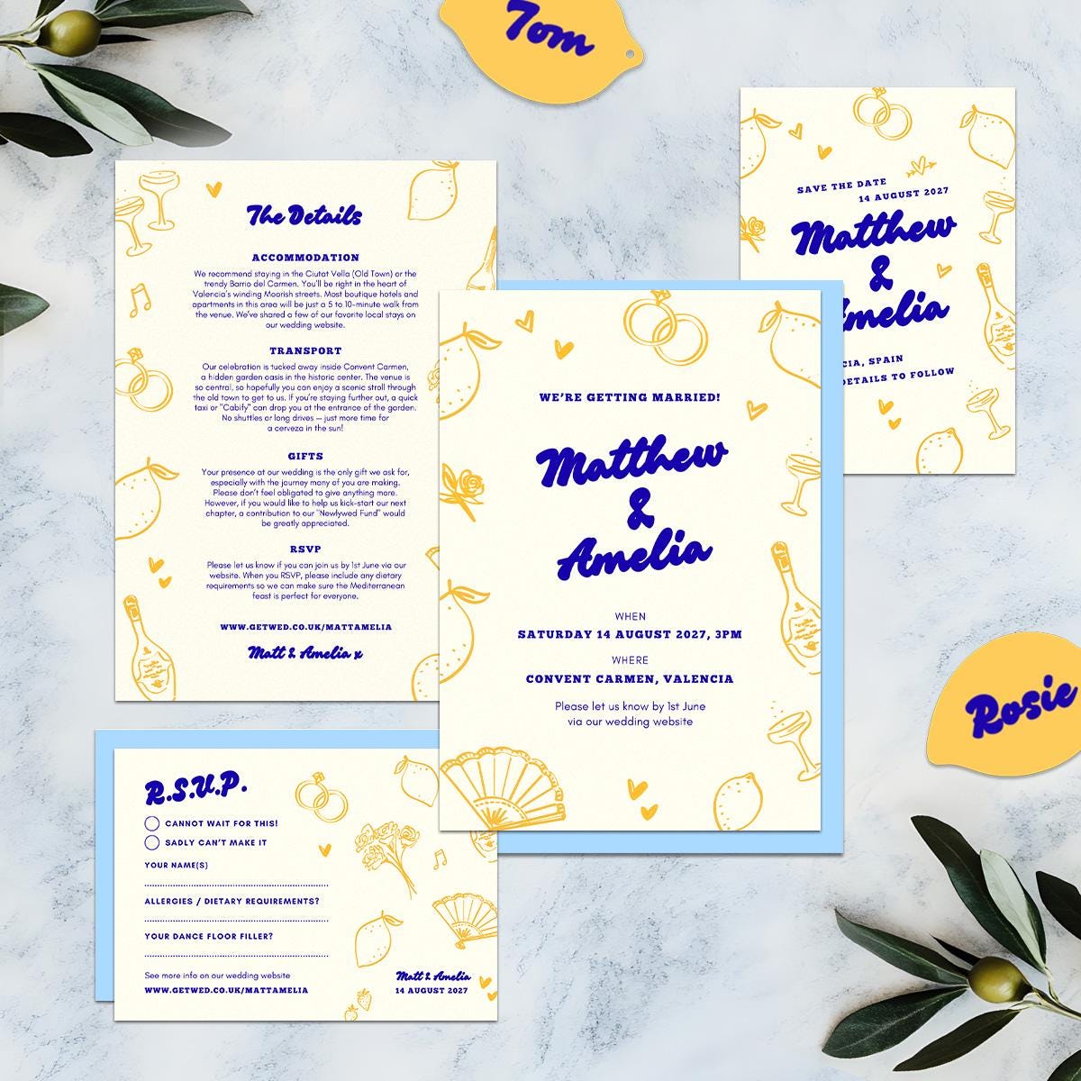 Editable Lemon Wedding Invitations, Mediterranean Spanish Garden, Canva Template, Digital Download