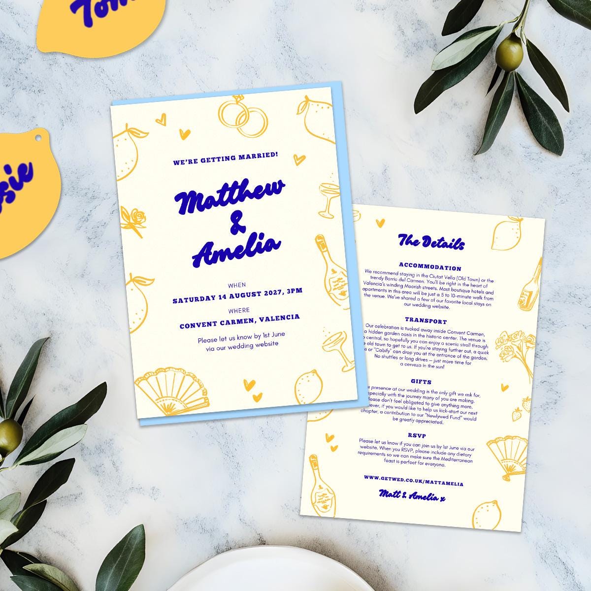 Editable Lemon Wedding Invitations, Mediterranean Spanish Garden, Canva Template, Digital Download