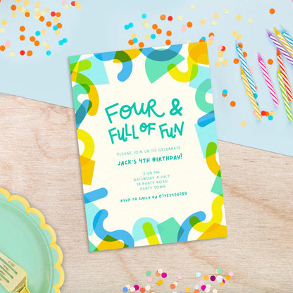 4th Birthday Invitation Editable Canva Template, Digital Download, Fun Retro Geometric, Gender Neutral