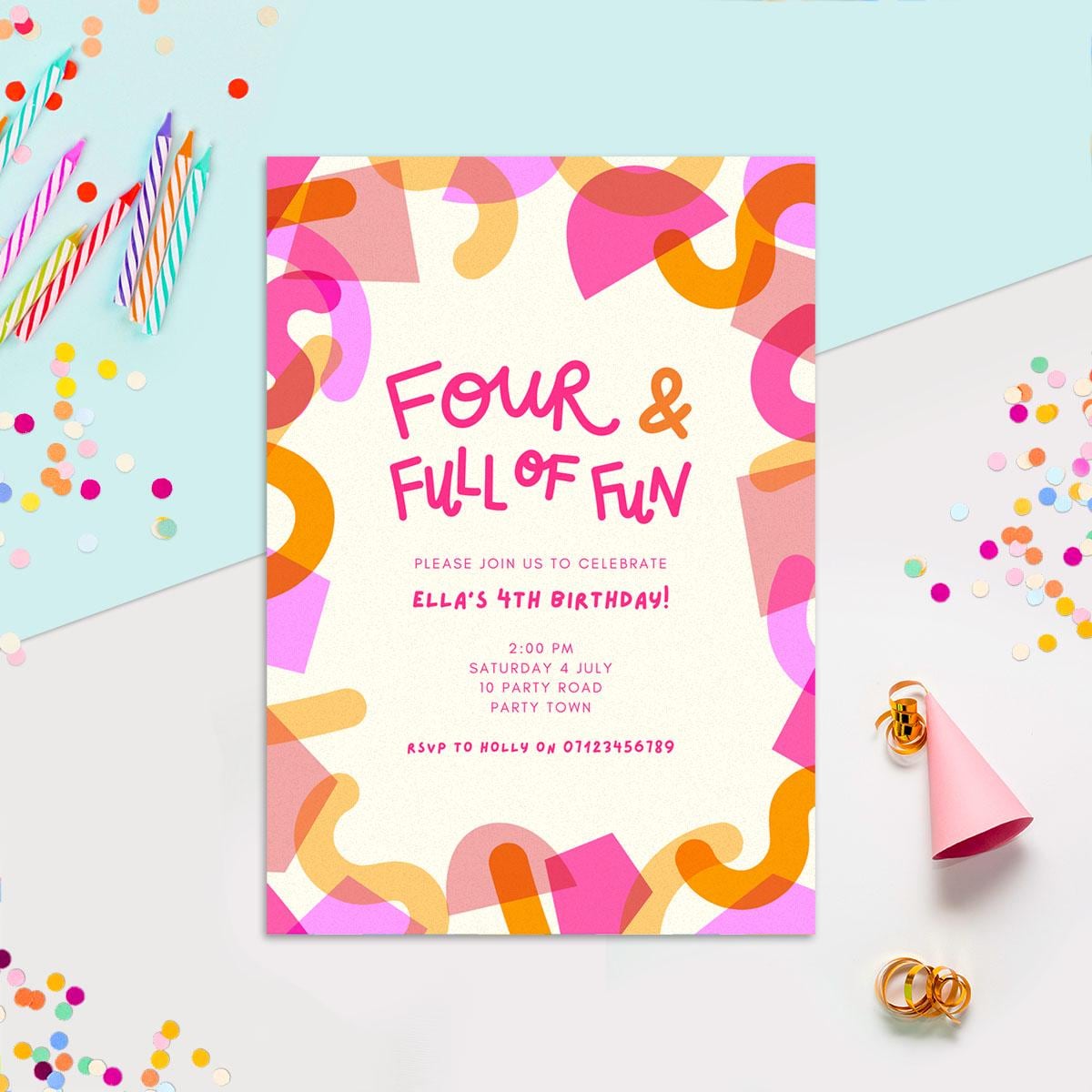 4th Birthday Invitation Editable Canva Template, Digital Download, Fun Retro Geometric, Gender Neutral