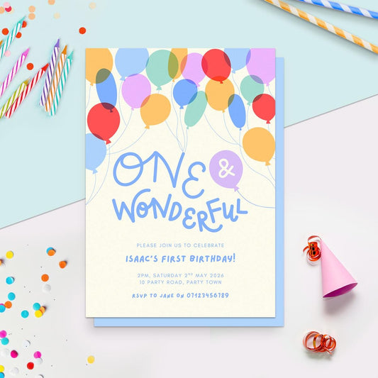 1st Birthday Invitation Template, Balloons Party Illustration, Personalised, Digital Canva Download